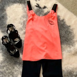 Low back coral silk top with black straps